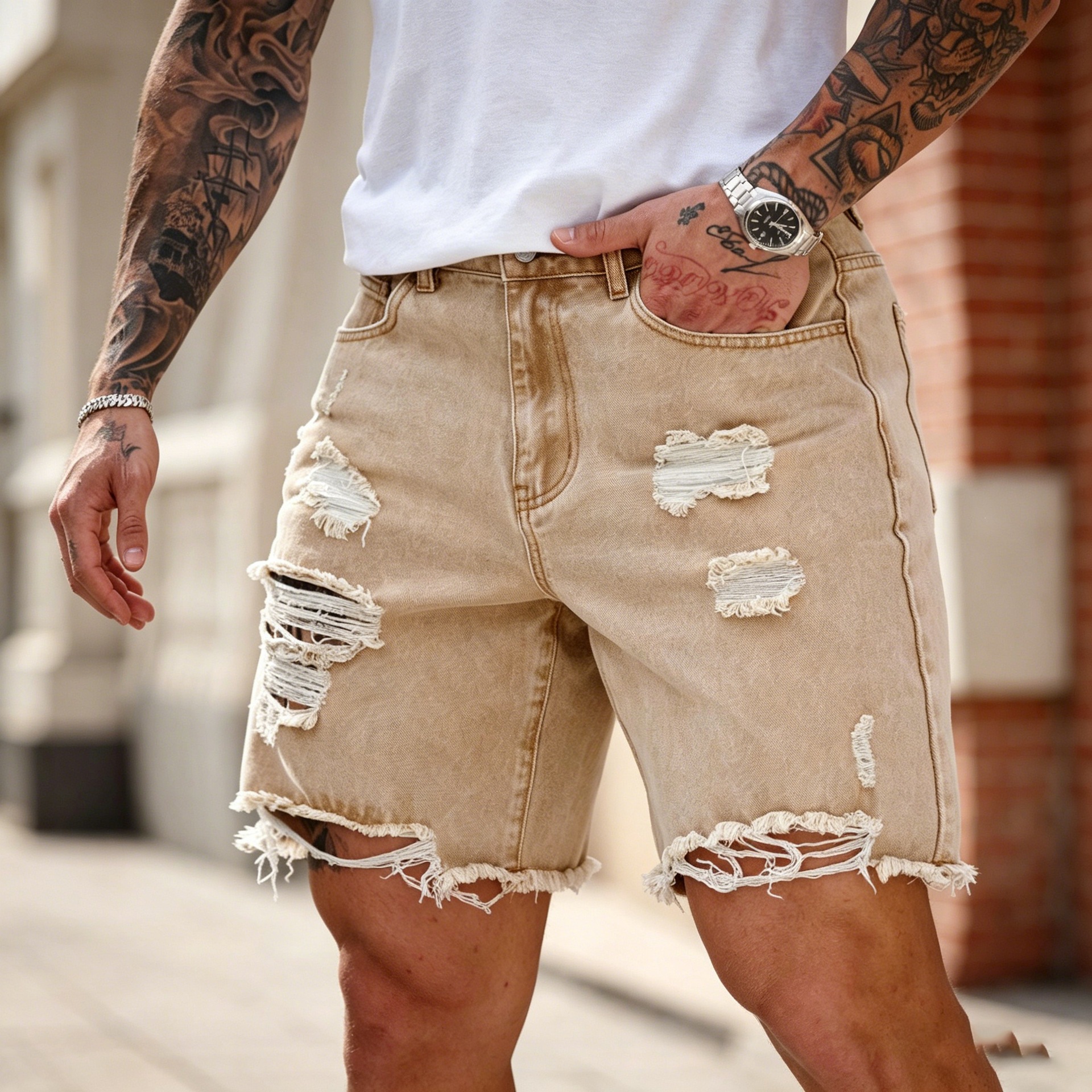 Khaki Denim Shorts For Men Distressed Details Frayed Edges Casual Five Point Design Summer Fashion American Style_mkmklike.com