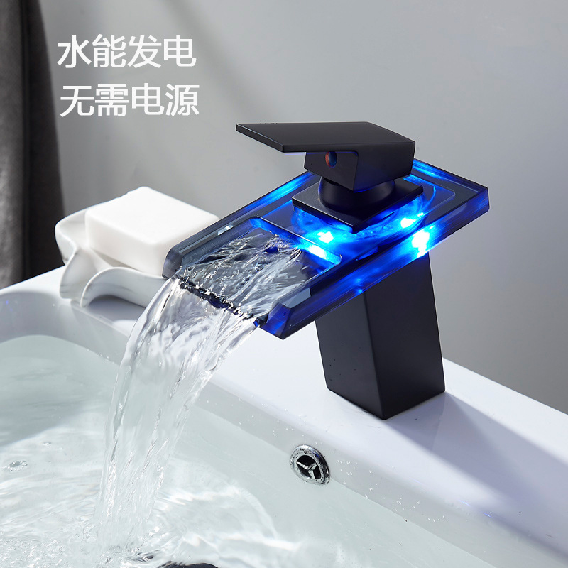 Waterfall negra transfronteriza lavabo grifo LED baño frío y caliente lavabo lavabo sobre encimera lavabo de un solo orificio