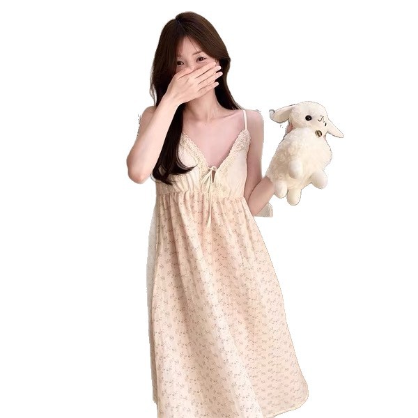 Pijama de cabina de verano para mujeres nuevas flores dulces lindas literarias o casuales cuellos profundos pijama casero estilo vins