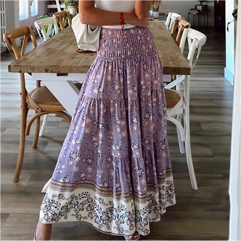 New European And American Printed Flared Bohemian Casual High-waisted Long Skirt, Beach Skirt For Women_ecoleips.com