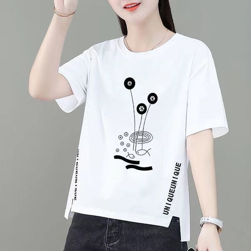 2025 Summer Irregular Print Short-Sleeve T-Shirt Women's Front Short Back Long T-Shirt Top