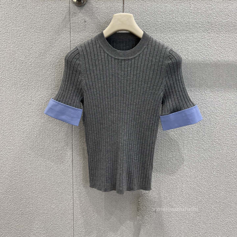 撞色拼接衬衫袖圆领针织衫女 简约修身百搭短袖上衣早秋 ZT63080|undefined