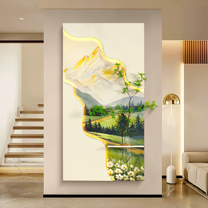 奶油风玄关装饰画砂岩水培绿植led灯光画立体高级感走廊尽头挂画|undefined