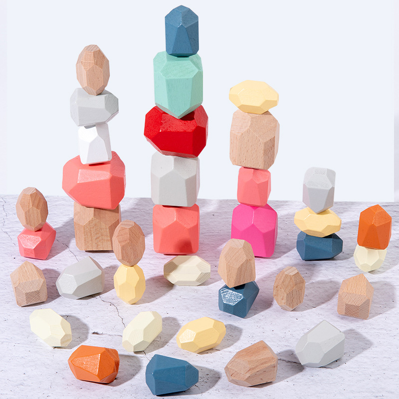 Bloques de construcción de piedra transfronterizos de piedra de colores apilados de madera de alto equilibrio Jenga educación temprana juguetes educativos para niños al por mayor