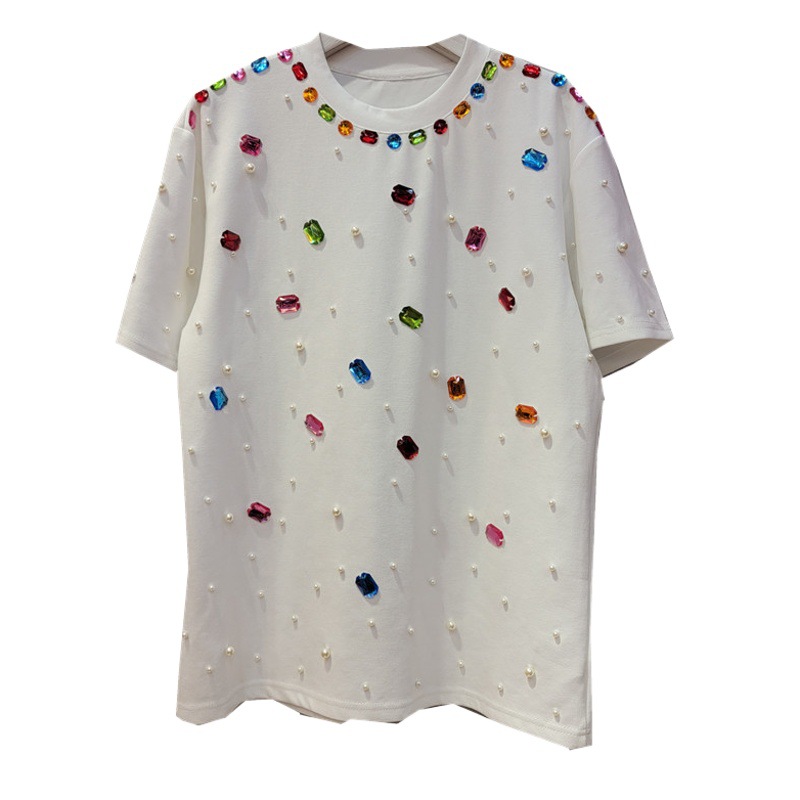 Camiseta de Manga Corta con Pedrería y Cuentas Cuello Redondo