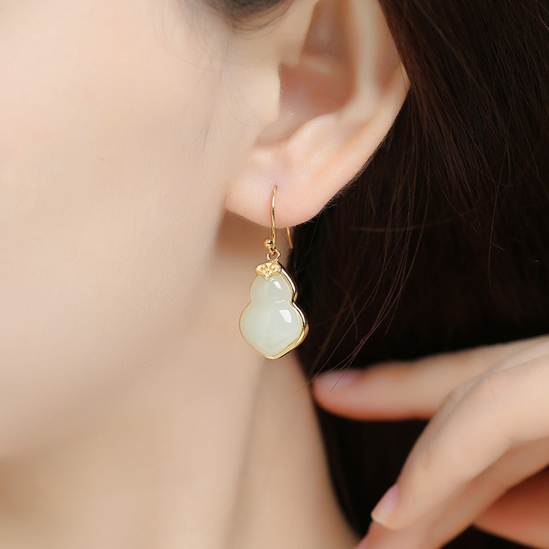 智贝主图_4和田白玉葫芦耳坠金镶玉S925纯银耳钩送妈妈母