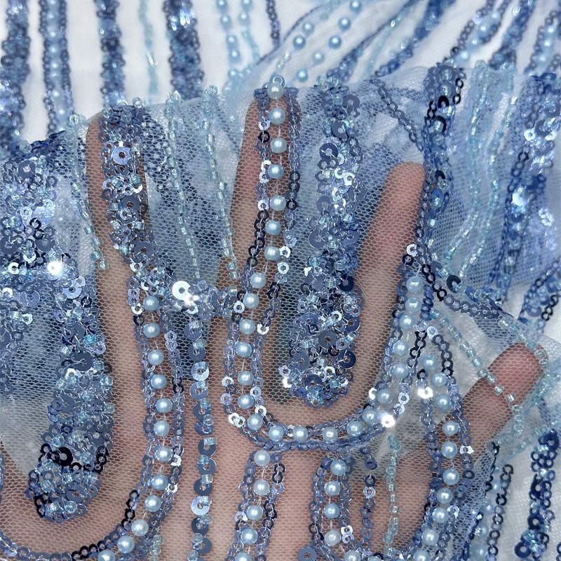 Gorgeoso hilo de malla sequinilla tubo de perlas bordado tela vestido de boda moda falda de moda tela comercio exterior spot transfronterizo