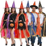 跨境万圣节披风成人舞会演出服装色丁布烫金五星披风套装女巫斗篷