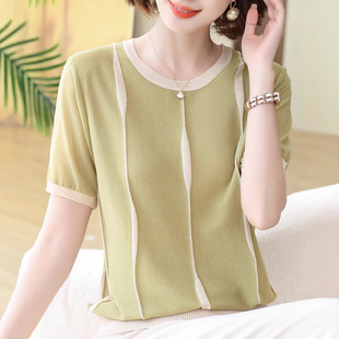 2024 Mother Summer T-shirt Top Round Neck Short-sleeved Shirt Middle-aged Women's Western Style Belly-covering Slimming Loose Knitted Sweater