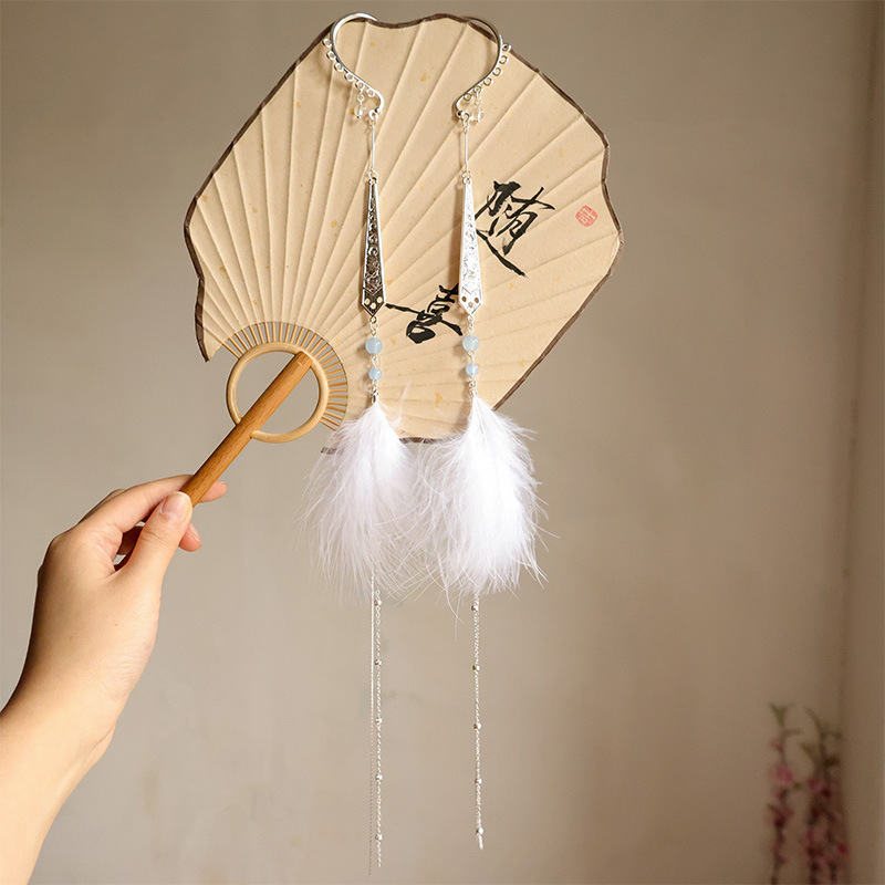 Chinese Style Long Tassel Feather Earrings New Chinese Style Han Dynasty Costume Makeup Accessories Without Pierced Earrings for Men and Women