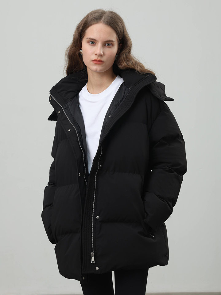 Áo khoác bông nữ có mũ, khóa kéo, thắt eo dáng ôm, dài trung bình, chất liệu polyester dày — màu nâu, màu đen, quả mơ chi tiết 28