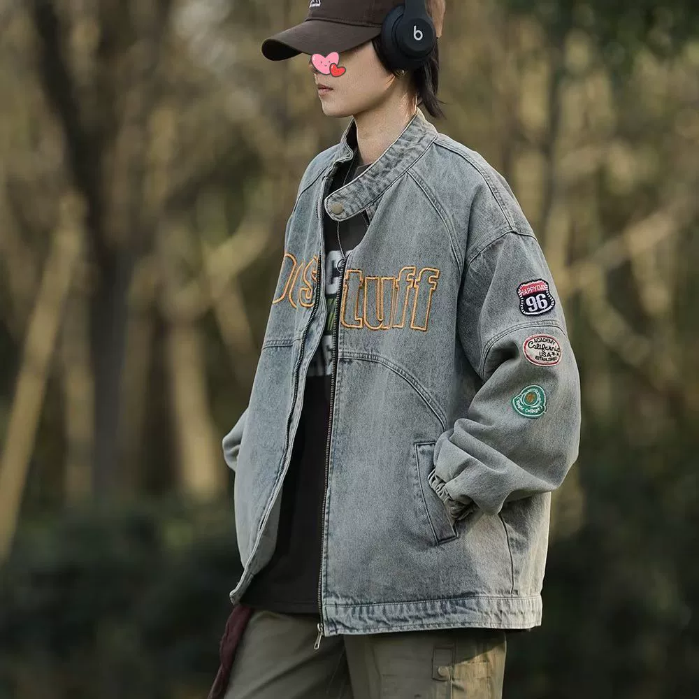 Denim retro jacket, universal trend patch, American style, with embroidery, oversize