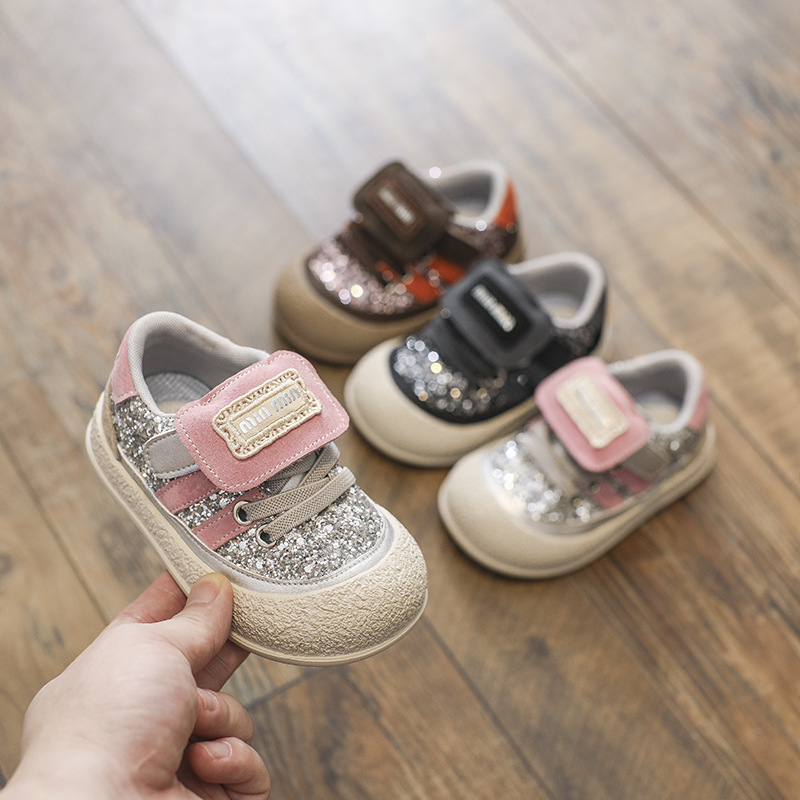 Trendy Baby Toddler Shoes Soft Sole Anti-kick Board Shoes Girls Sequin Casual Shoes Boys Velcro Toe sneaker