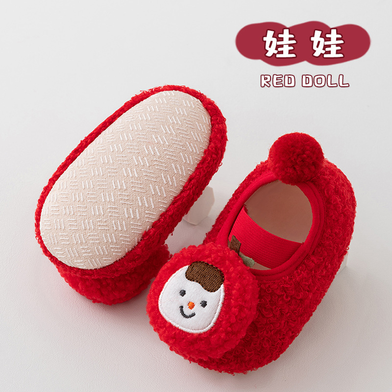 23 Otoño e Invierno engrosado forro de lana con cordones muñeca zapatos de bebé calcetines infantiles niños antideslizantes zapatos de niño zapatos de piso rojo
