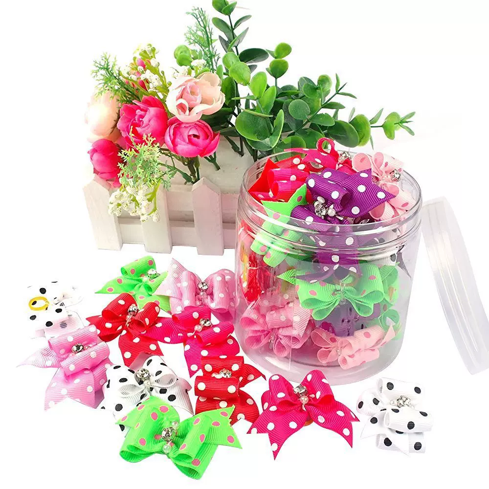 热销大尺寸宠物头花 宠物蝴蝶结带钻泰迪比熊头饰皮筋款发饰现货