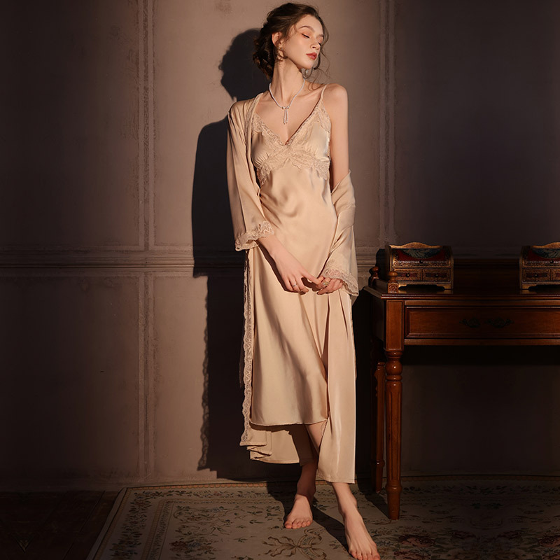 Sexy Pajamas Women's Extended Long Nightdress Robe Two-piece Set Spring and Autumn Summer Ice Silk Sling Lace Home Clothes New suit