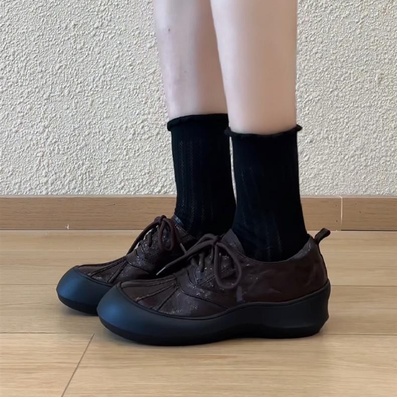羊皮版~复古真皮通勤厚底系带圆头小皮鞋女乐福鞋黑色贝壳头单鞋|undefined