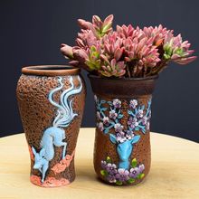 批发特价手绘多肉法师老桩花盆陶瓷悬崖桩简约肉肉粗高桩包邮