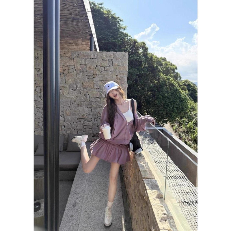复古连帽破洞短款辣妹卫衣外套花苞短裙女2025秋季新款时尚两件套|undefined