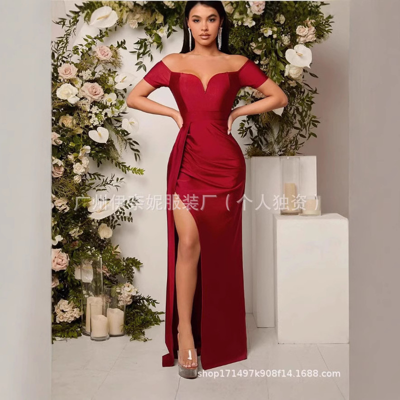 2025 Sexy Fashion Deep V-neck Tight Waist Formal Long Women's Party Romantic Sweetheart Shoulder Short Sleeve dress