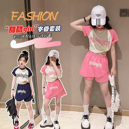 Ladie's Summer Dress Set 2024 New Medium to Large Child Trendy Cute Splicing T-shirt Skirt Korean Style Two-Piece Set
