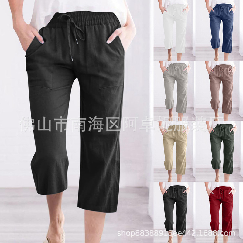 2025 Cross-border eBay Amazon wish Spring and Summer New Solid Color Cotton and Linen Loose Drawstring Casual Wide Leg Cropped Pants