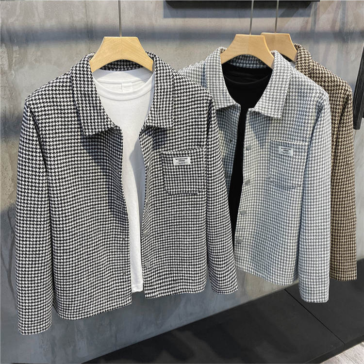 秋冬翻领千鸟格羊绒毛呢子外套男士英伦磨毛休闲上衣复古修身夹克