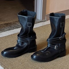牛皮版皮带扣粗跟机车骑士靴女2025新款美拉德复古褶皱中筒牛仔靴