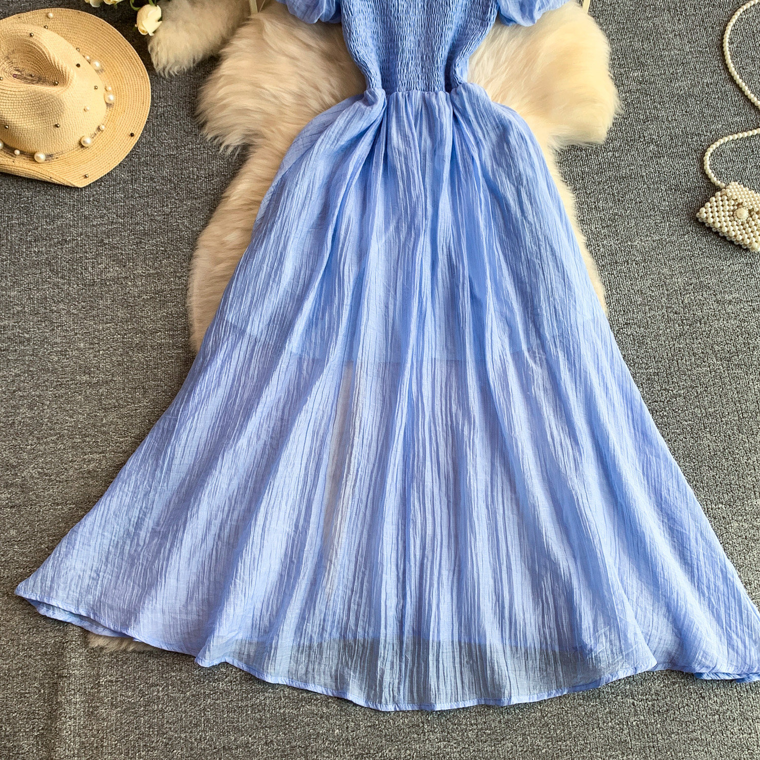 Women's French Style Elegant Square Neck Puff Sleeve Dress Casual Slit Long Skirt Pleated Waist Slimming Summer Style_ecoleips.com