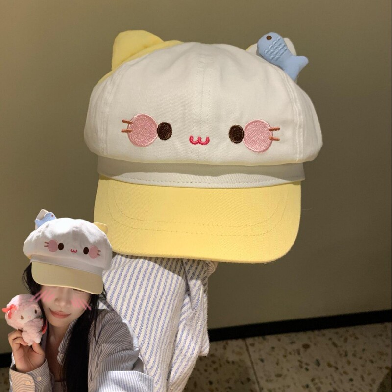 可爱卡通猫咪八角帽子女春夏出游甜美百搭显脸小贝雷帽学生报童帽|undefined