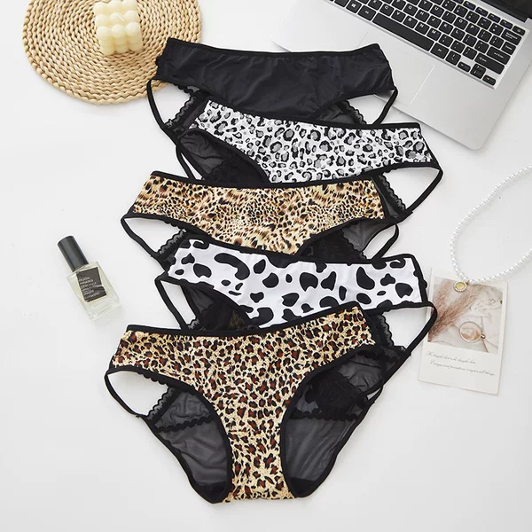 Cross-border European and American leopard print sexy pure desire low-rise women's panties lace fashion mesh transparent women's briefs