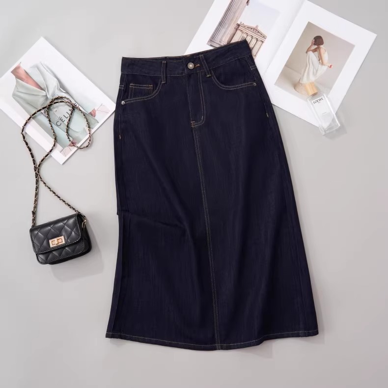 Chân váy denim chữ A Lycell mỏng mùa hè, dáng dài vừa, xẻ tà, rộng rãi tôn dáng — Xanh denim chi tiết 5