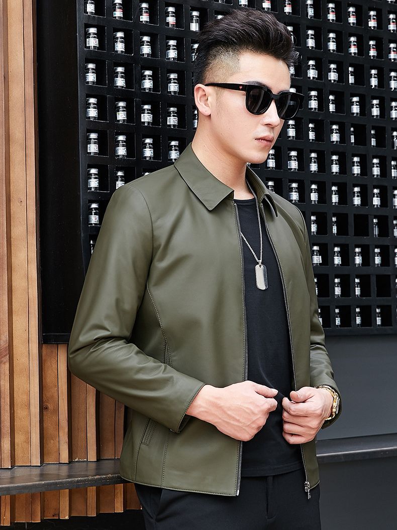 Short Leather Jacket for Men, Haining Genuine Leather Zipper Jacket, Sheepskin Business Casual Middle-Aged Leather Jacket with Lapel for Spring