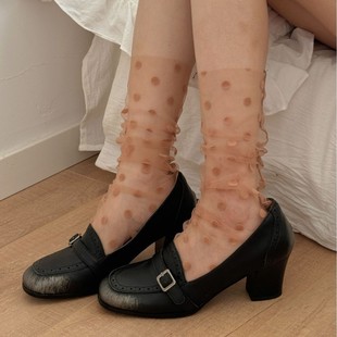 Spring and Summer New Fashion Dongdaemun Sweet Tulle Flocking Black and White Polka Dot Medium Tube Women's Piled Socks