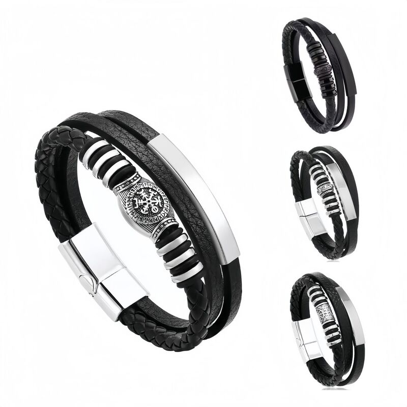 European and American Retro Viking Series Bracelets, Three-Layer Beaded Woven Leather Bracelets, Customizable Punk Magnetic Buckle Bracelets European and American Retro Viking Series Bracelets, Three-Layer Beaded Woven Leather Bracelets, Customizable Punk Magnetic Buckle Bracelets