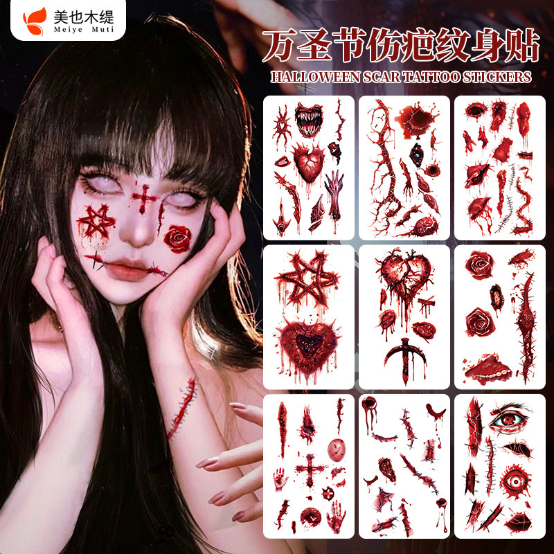 New Halloween Scar Tattoo Sticker Waterproof Horror Bloody Wound Makeup Party Temporary Disposable Face Sticker
