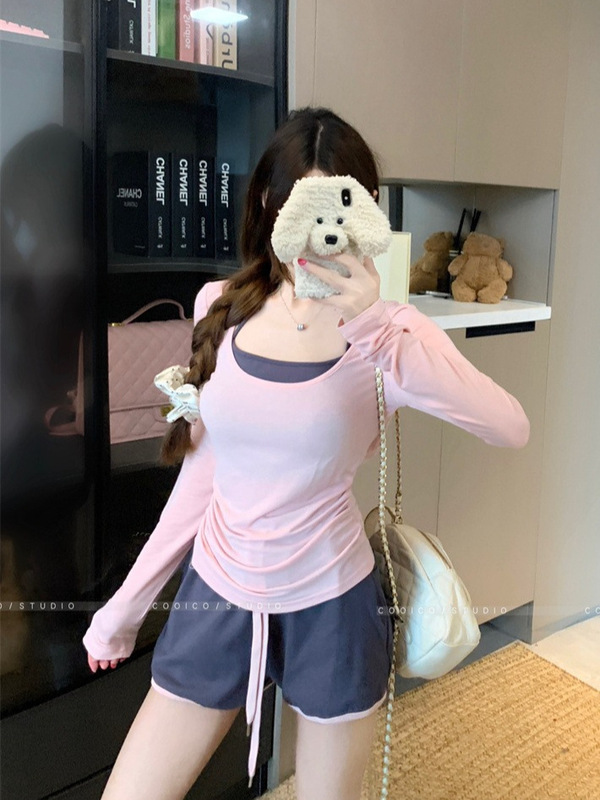 カジュアルスーツ レイジースタイル Uネック 長袖 Tシャツ カバーアップ ホルターベスト レディース 夏 ハイウエスト ワイドレッグ ショーツ 3点セット|undefined