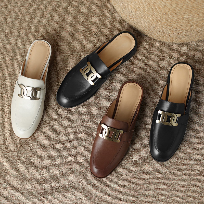 Giày mule nữ da bò mũi nhọn gót thấp 2 cm — Màu đen chi tiết 17