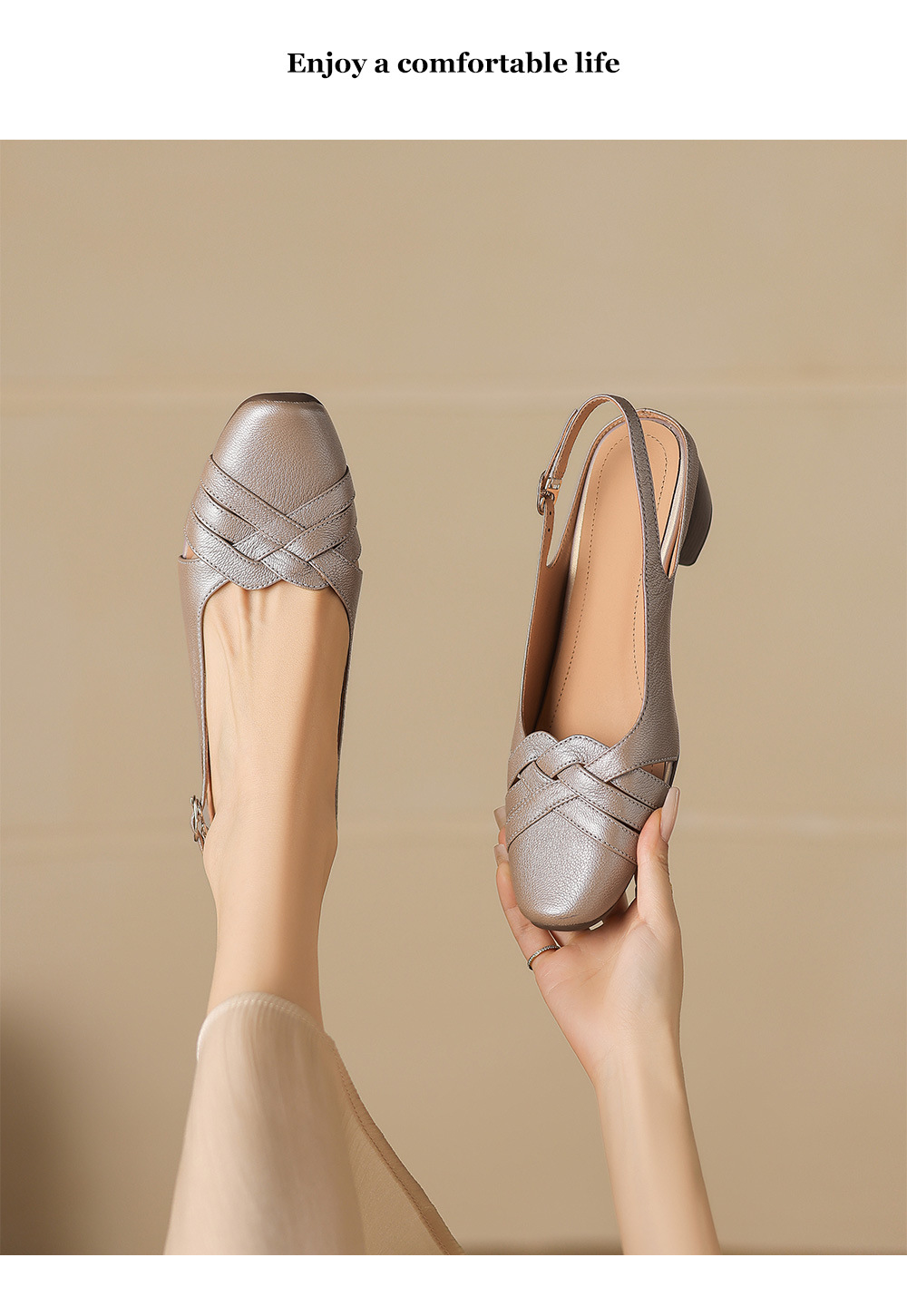Sandal nữ mũi nhọn quai dệt gót thô 3.5 cm da cừu — Champagne màu chi tiết 7
