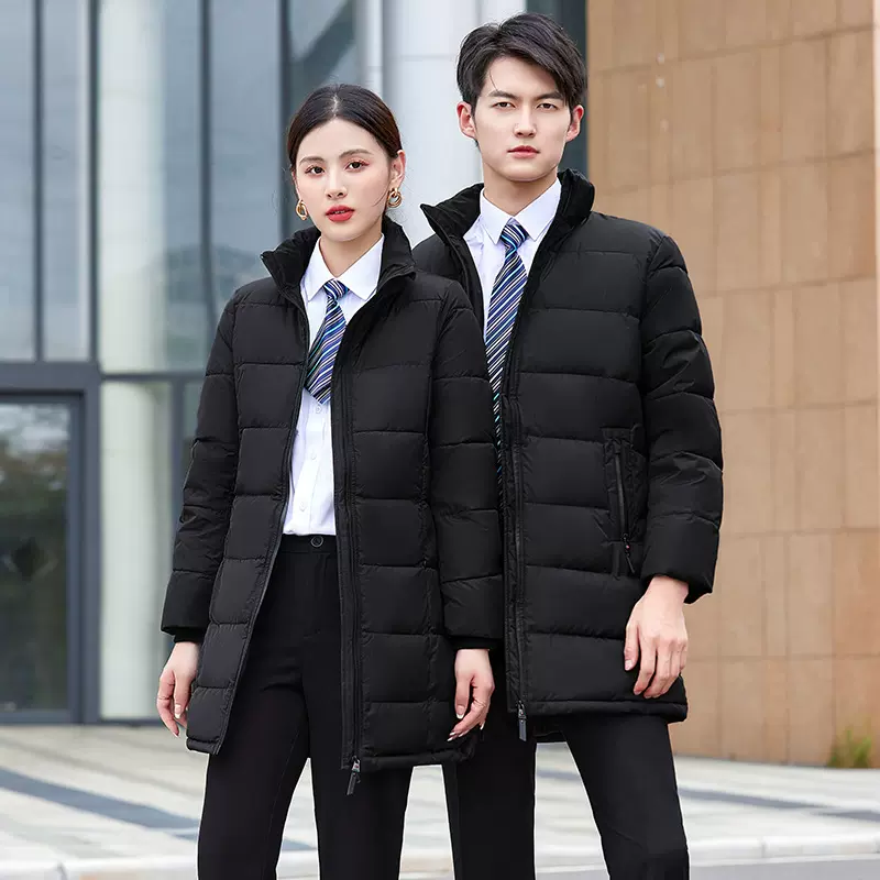 男女同款职业装羽绒棉服中长款冬季气质修身棉衣工装珠宝店工作服