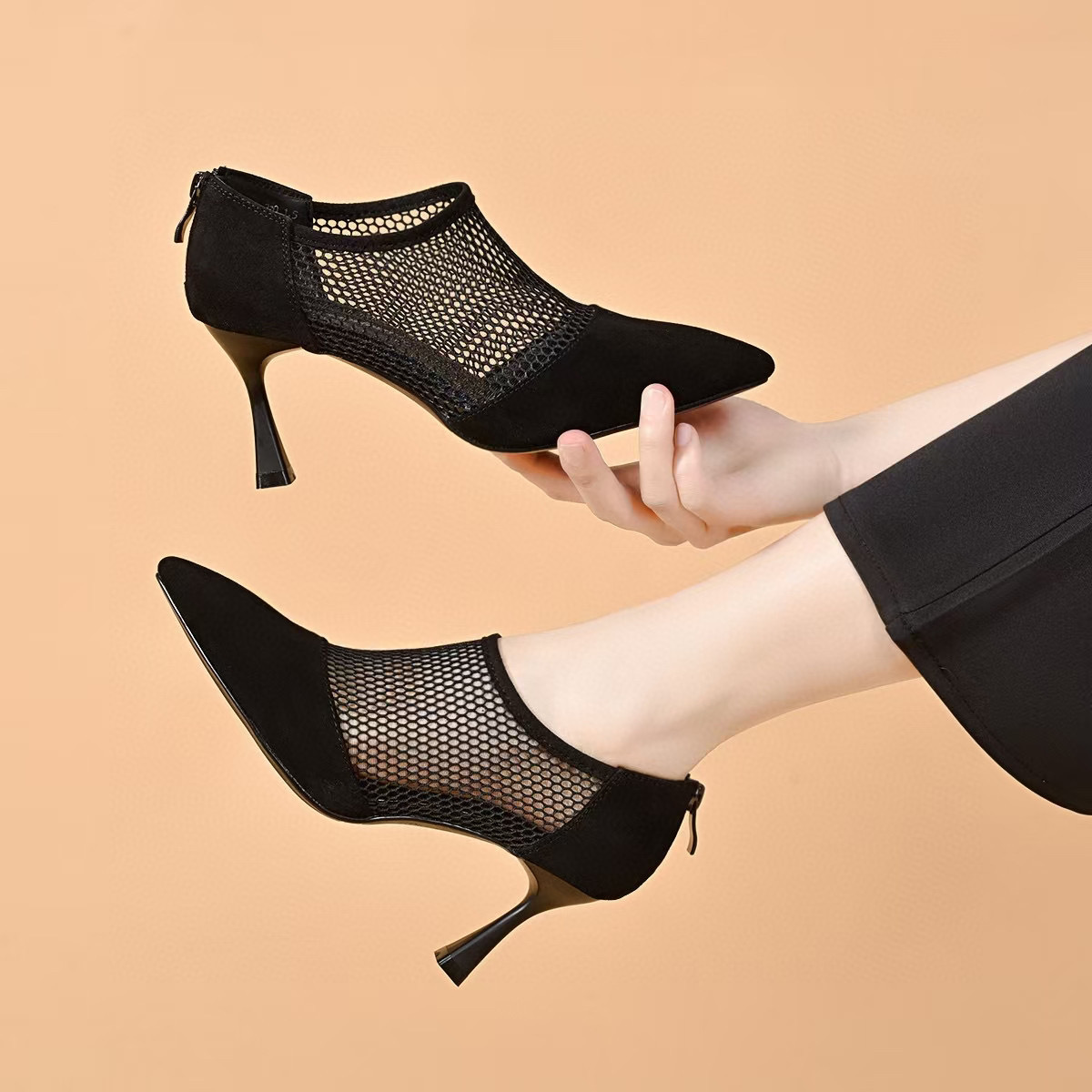 Giày cao gót nữ mũi nhọn gót 7 cm da thật lưới thoáng khí — Màu đen-7cm chi tiết 4