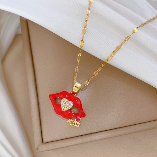 【Titanium Steel】Flame red lips Zircon Light luxury temperament Gorgeous full diamond necklace for women versatile clavicle chain Titanium steel chain