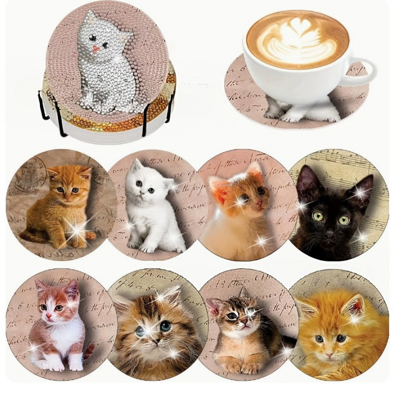 Ventas transfronterizas calientes de 8 piezas de conjunto de cojín de taza de arte de diamante, con soporte, pequeño conjunto de pintura de diamante, adecuado para adultos