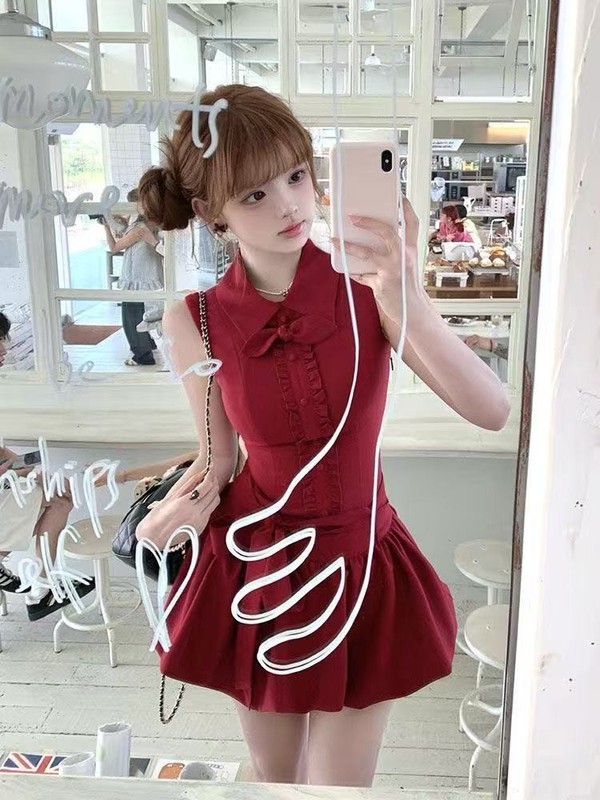 甘くて美しい、高級感のある赤いシャツのつぼみドレス、小柄な女性のウエスト痩身ショートスカート、夏|undefined