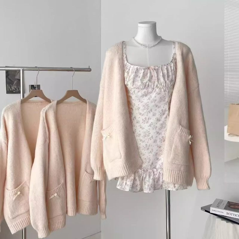 Sweet~Romantic Sweet Girl Pure Lust Style Light Pink V-Neck Knitted Cardigan Women's Spring & Fall Loose Slim Sweater Jacket