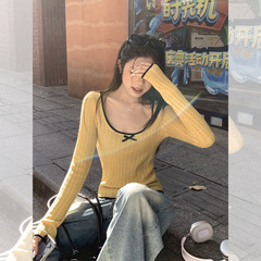 蝴蝶结撞色毛针织长袖T恤女韩系早秋穿搭正肩修身内搭打底衫上衣