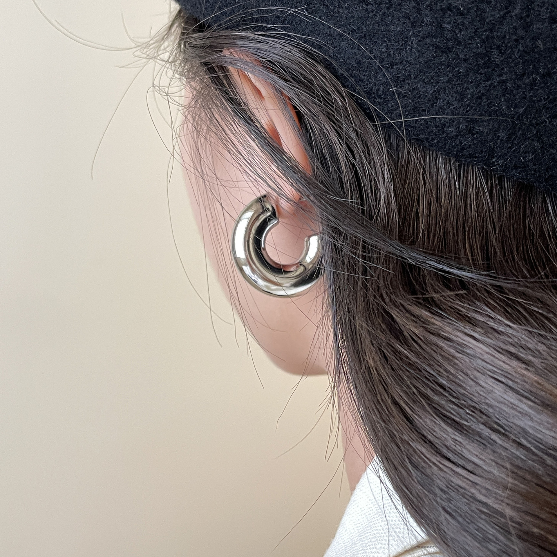 Silver Needle Metal Half Ring Hollow Earrings