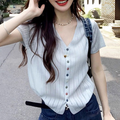 v领短袖针织衫女夏季穿搭薄款冰丝设计感蓝色独特漂亮减龄款上衣