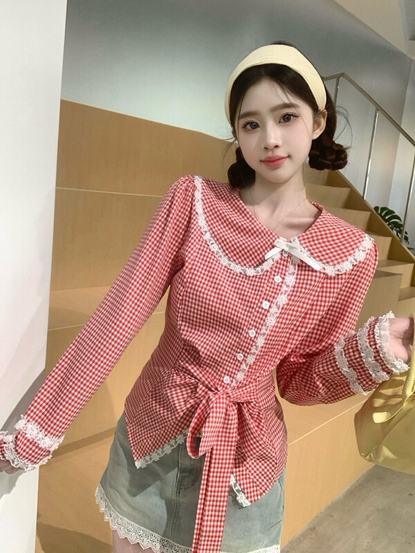 Real shot in stock 2025 spring new chubby girl plus size women's retro plaid lace lace shirt doll shirt