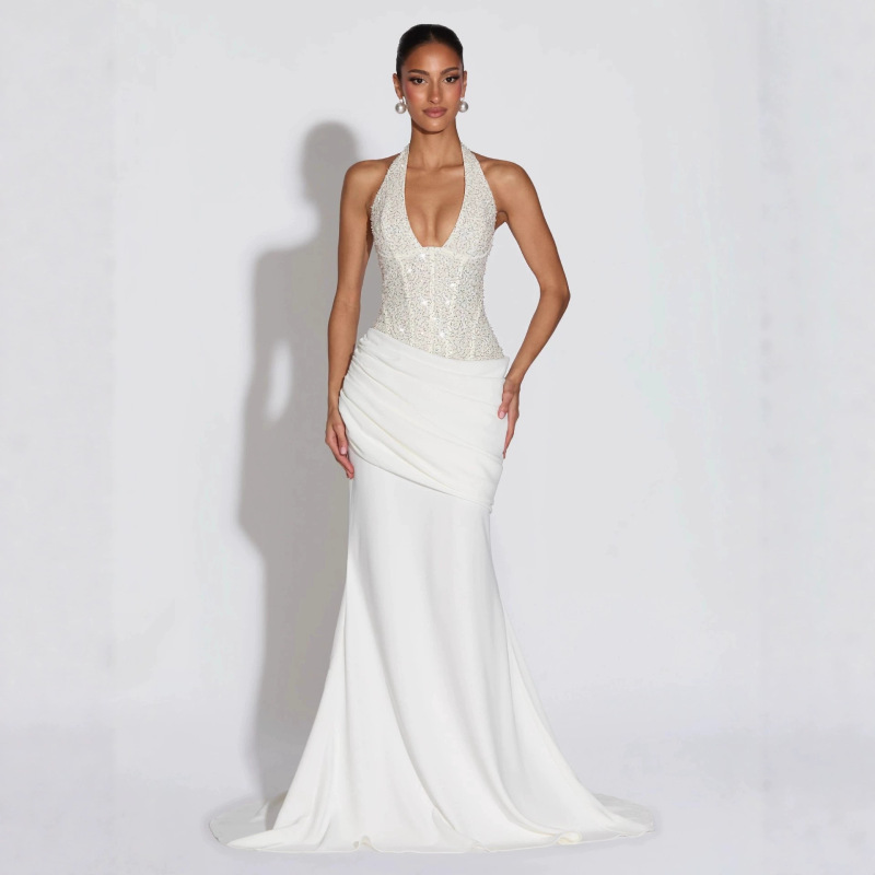 European New Style Slim-Fitting Sexy Sequined Irregular Drape Evening Dress Women's European and American Hot Style Elegant Long Dress
